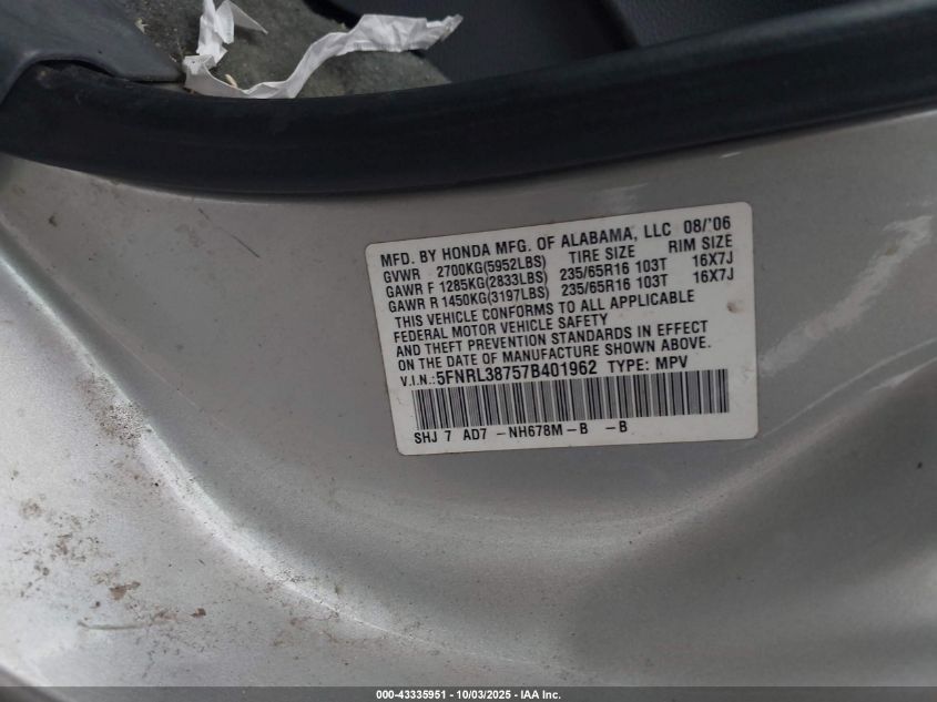 2007 Honda Odyssey Ex-L VIN: 5FNRL38757B401962 Lot: 43335951