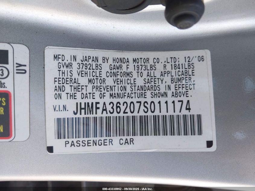 2007 Honda Civic Hybrid VIN: JHMFA36207S011174 Lot: 43335952