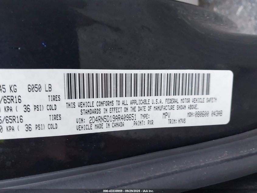 2010 Dodge Grand Caravan Sxt VIN: 2D4RN5D19AR409651 Lot: 43335959