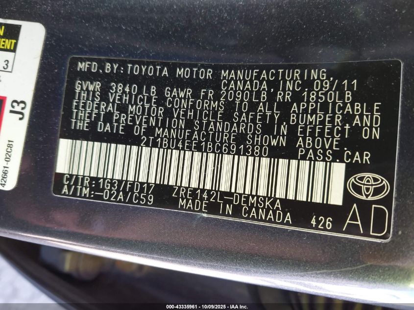 2011 Toyota Corolla S VIN: 2T1BU4EE1BC691380 Lot: 43335961