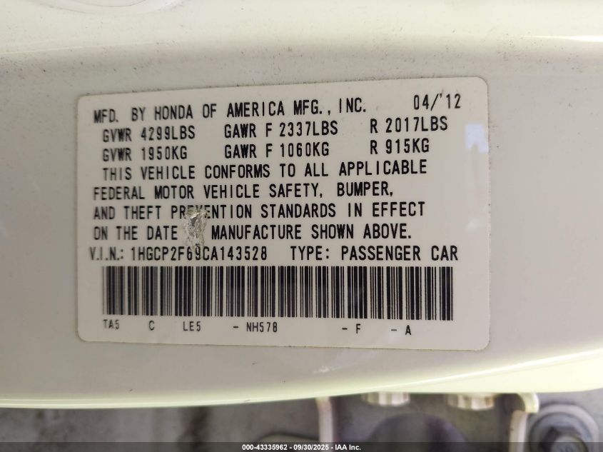2012 Honda Accord 2.4 Se VIN: 1HGCP2F69CA143528 Lot: 43335962
