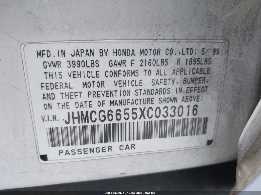 1999 Honda Accord Lx VIN: JHMCG6655XC033016 Lot: 43335971