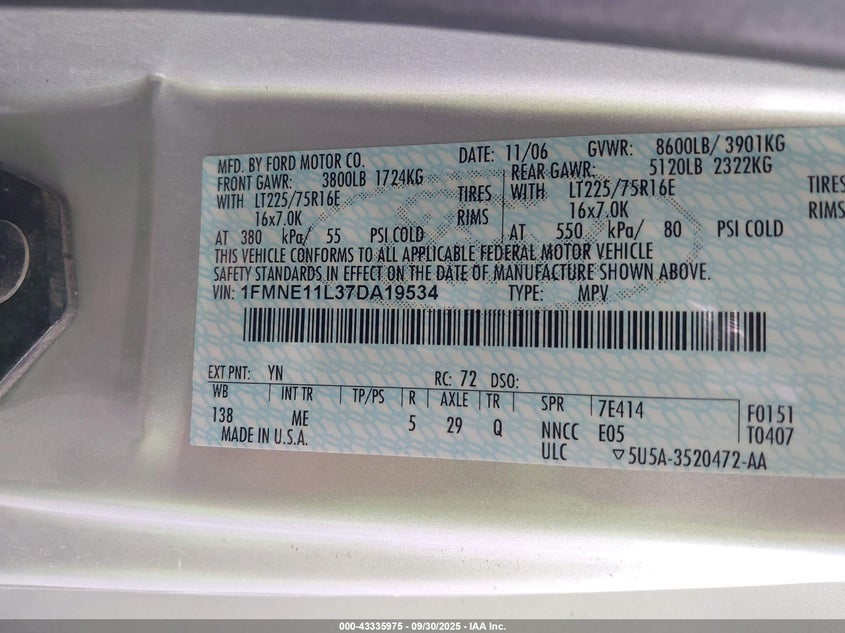 2007 Ford E-150 Chateau/Xl/Xlt VIN: 1FMNE11L37DA19534 Lot: 43335975