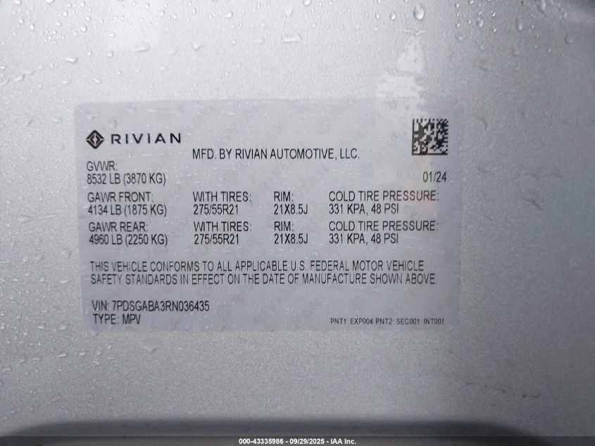 2024 Rivian R1S Adventure Quad Motor Large Pack VIN: 7PDSGABA3RN036435 Lot: 43335986