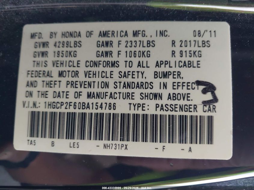 2011 Honda Accord 2.4 Se VIN: 1HGCP2F60BA154786 Lot: 43335999