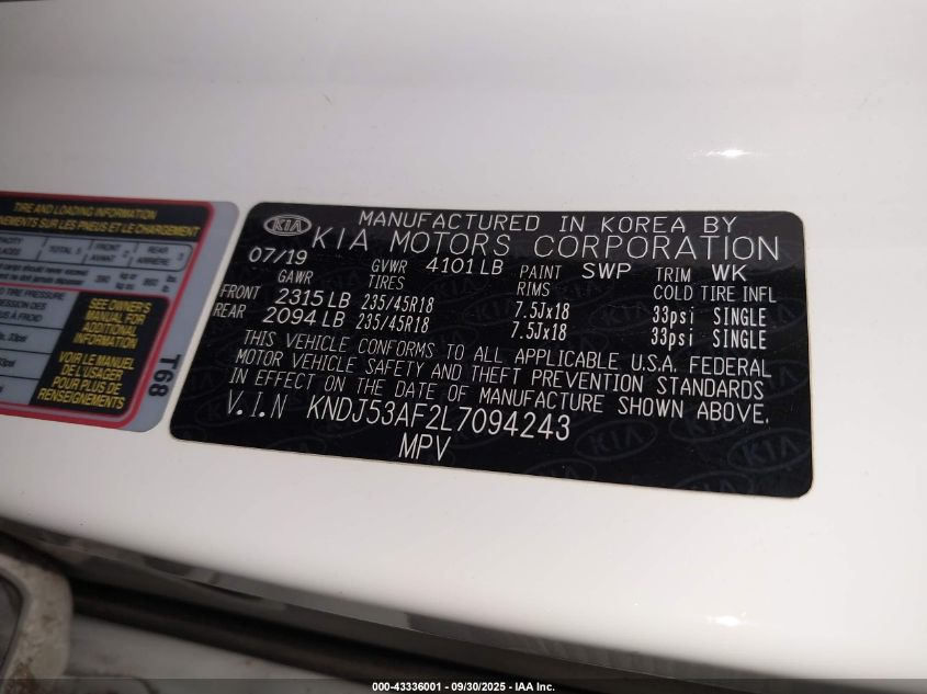 2020 Kia Soul Gt-Line Turbo VIN: KNDJ53AF2L7094243 Lot: 43336001