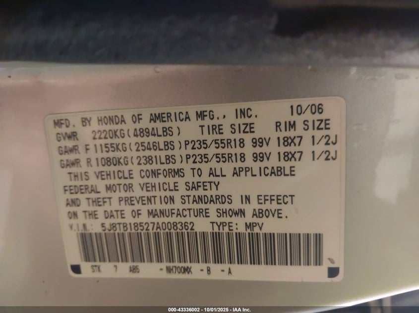 2007 Acura Rdx VIN: 5J8TB18527A008362 Lot: 43336002