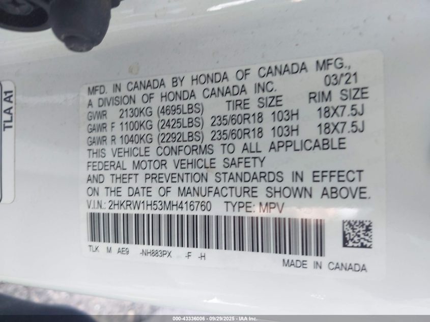 2021 Honda Cr-V 2Wd Ex VIN: 2HKRW1H53MH416760 Lot: 43336006