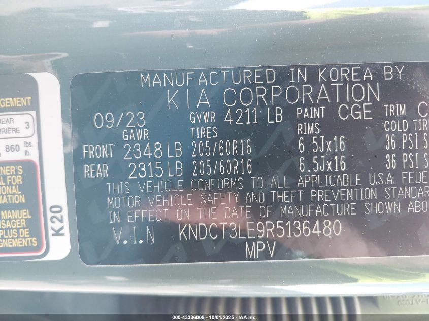 2024 Kia Niro Sx VIN: KNDCT3LE9R5136480 Lot: 43336009
