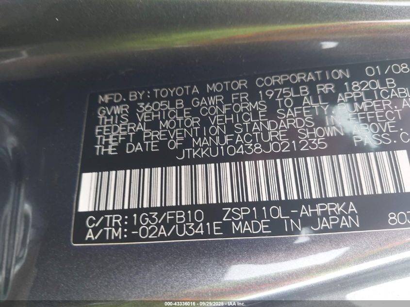 2008 Scion Xd VIN: JTKKU10438J021235 Lot: 43336016