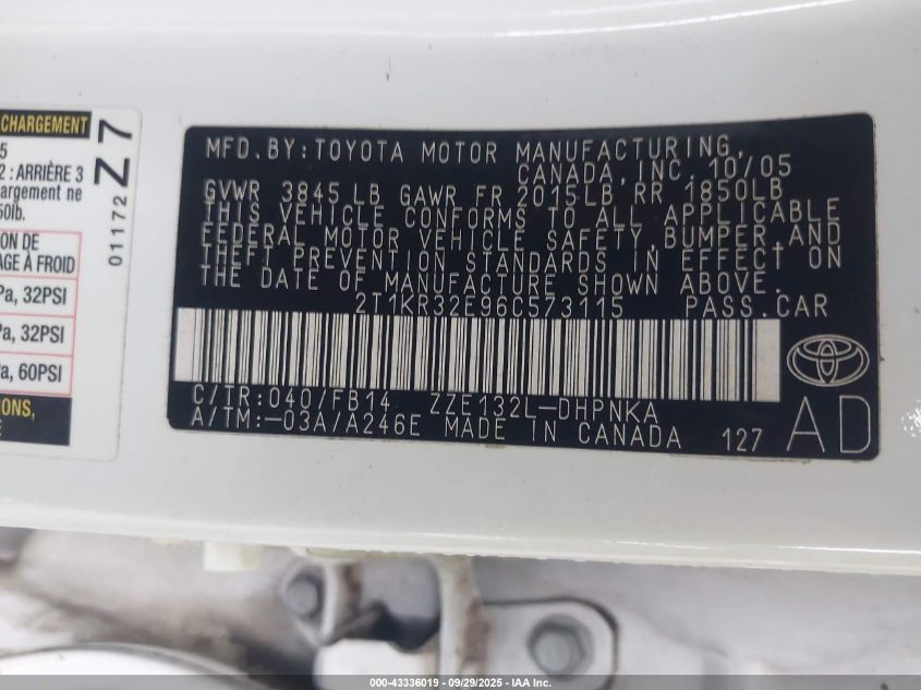 2006 Toyota Matrix Xr VIN: 2T1KR32E96C573115 Lot: 43336019