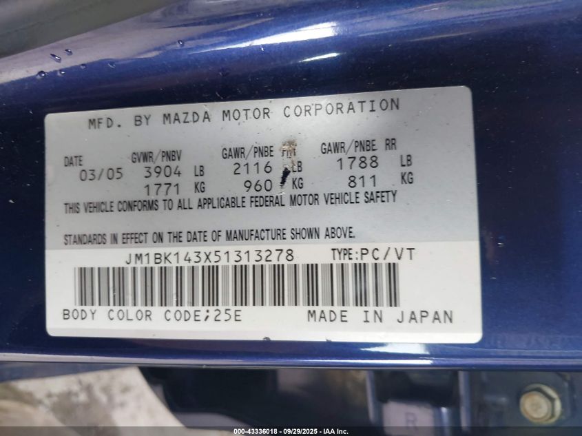 2005 Mazda Mazda3 S/Sp23 VIN: JM1BK143X51313278 Lot: 43336018