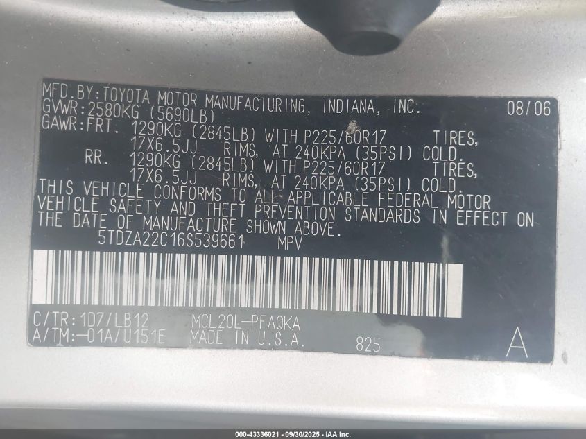 2006 Toyota Sienna Xle VIN: 5TDZA22C16S539661 Lot: 43336021