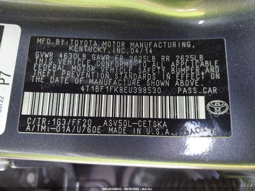 2014 Toyota Camry Se VIN: 4T1BF1FK8EU398530 Lot: 43336022