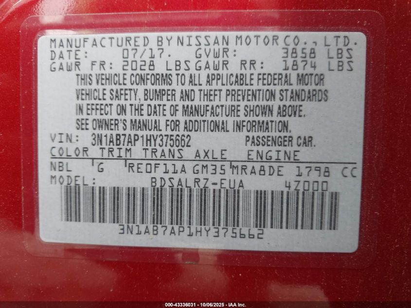 2017 Nissan Sentra Sr VIN: 3N1AB7AP1HY375662 Lot: 43336031