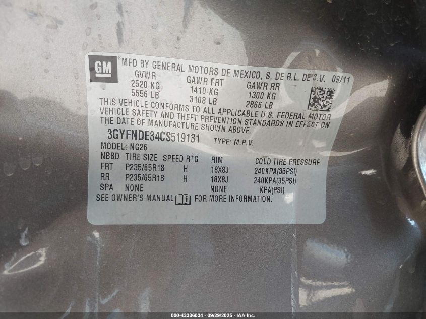 2012 Cadillac Srx Luxury Collection VIN: 3GYFNDE34CS519131 Lot: 43336034