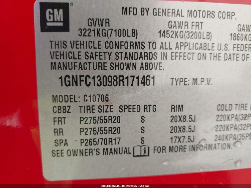 2008 Chevrolet Tahoe Lt VIN: 1GNFC13098R171461 Lot: 43336045
