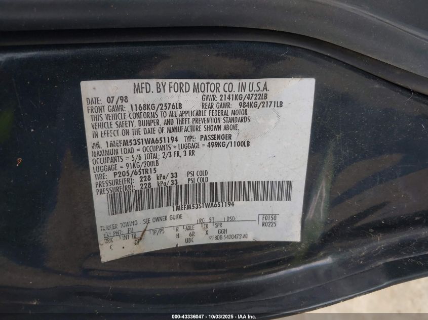 1998 Mercury Sable Ls VIN: 1MEFM53S1WA651194 Lot: 43336047