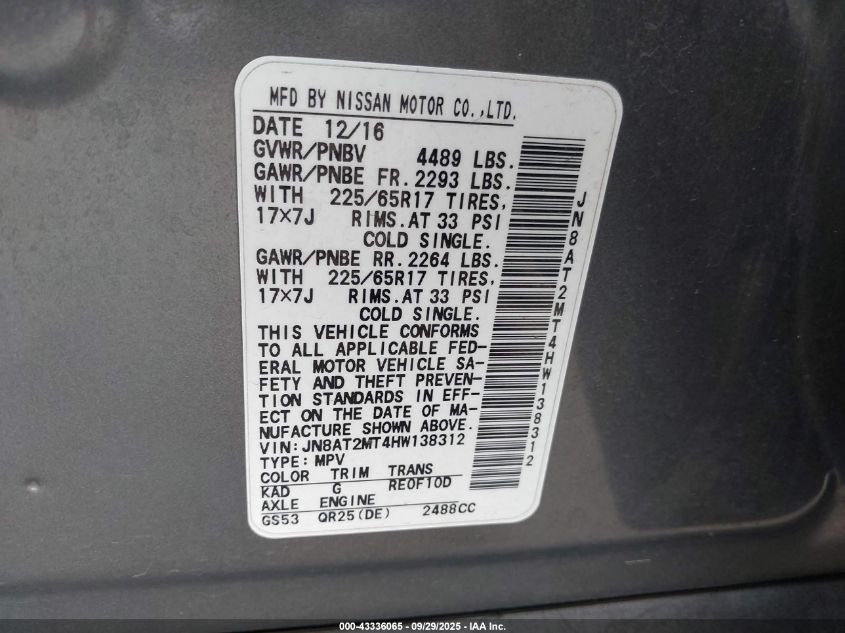 2017 Nissan Rogue S VIN: JN8AT2MT4HW138312 Lot: 43336065