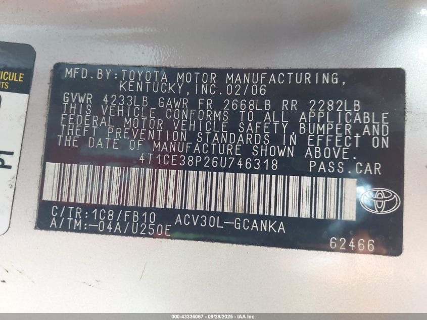 2006 Toyota Camry Solara Se VIN: 4T1CE38P26U746318 Lot: 43336067