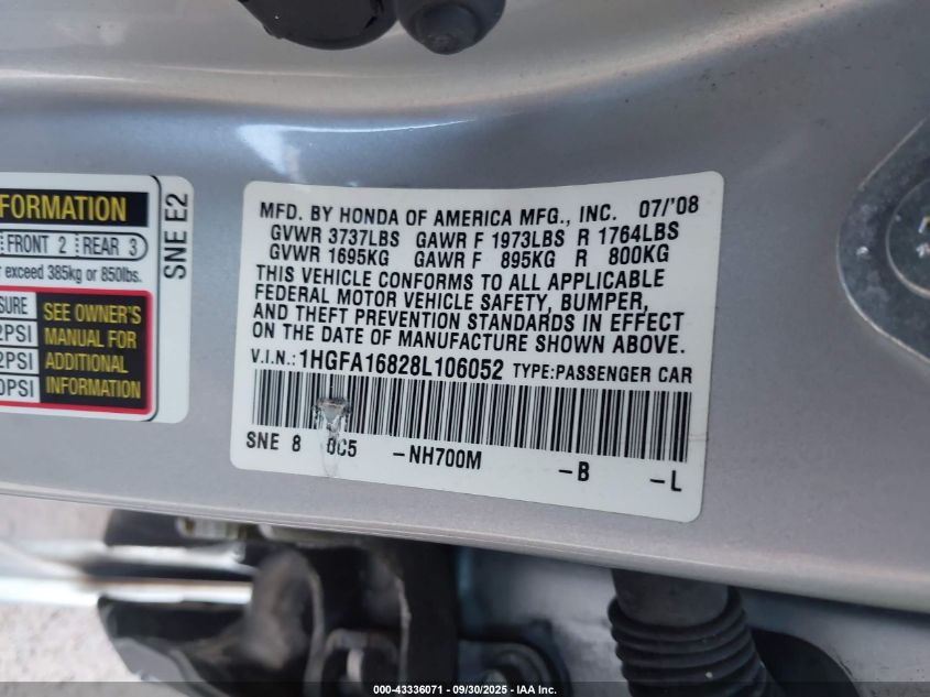 2008 Honda Civic Ex VIN: 1HGFA16828L106052 Lot: 43336071