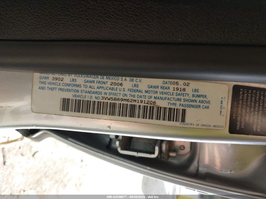 2002 Volkswagen Jetta Gls VIN: 3VWSB69M62M191206 Lot: 43336077