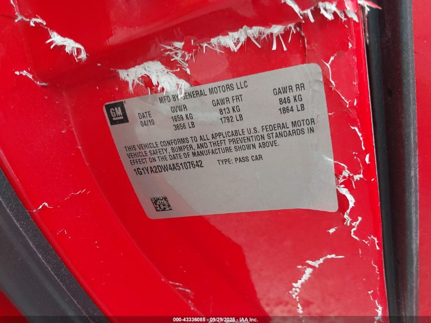 2010 Chevrolet Corvette VIN: 1G1YA2DW4A5107642 Lot: 43336085