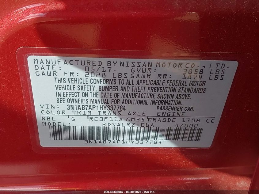 2017 Nissan Sentra Sr VIN: 3N1AB7AP1HY337784 Lot: 43336087