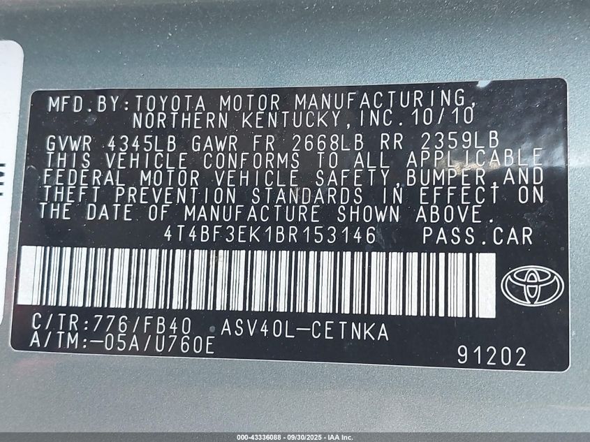 2011 Toyota Camry Le VIN: 4T4BF3EK1BR153146 Lot: 43336088