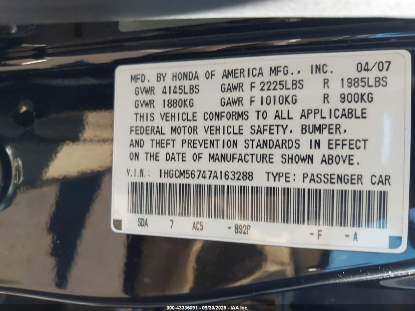 2007 Honda Accord 2.4 Ex VIN: 1HGCM56747A163288 Lot: 43336091