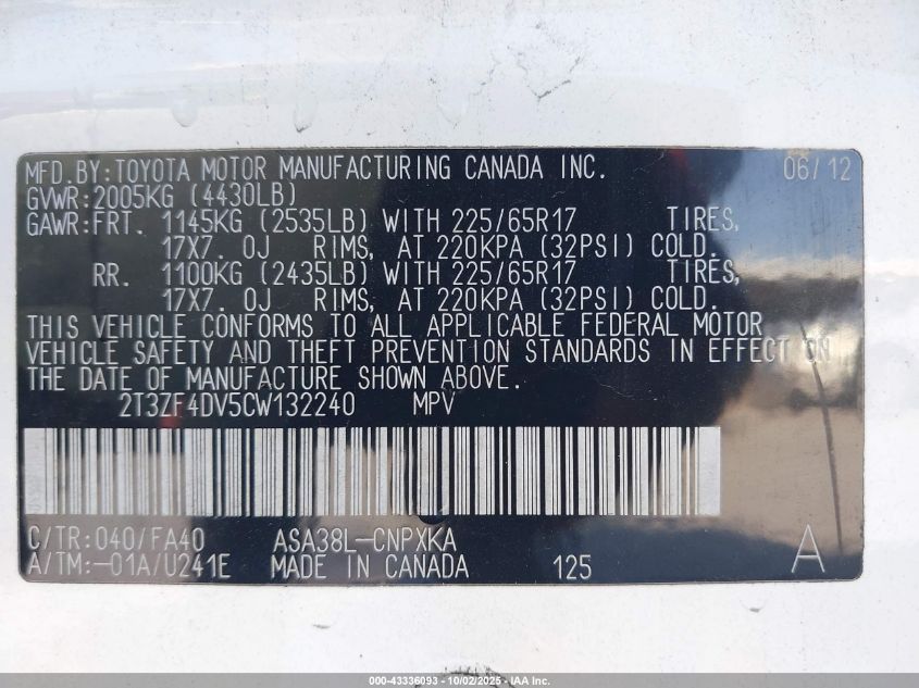 2012 Toyota Rav4 VIN: 2T3ZF4DV5CW132240 Lot: 43336093