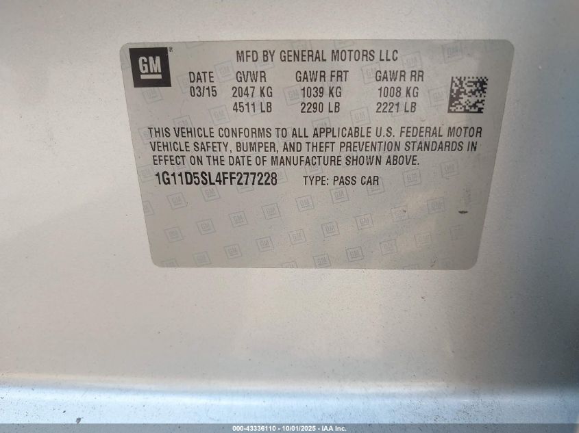 2015 Chevrolet Malibu 2Lt VIN: 1G11D5SL4FF277228 Lot: 43336110