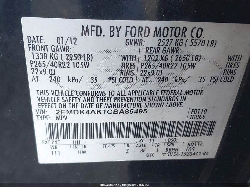 2012 Ford Edge Sport VIN: 2FMDK4AK1CBA85495 Lot: 43336113