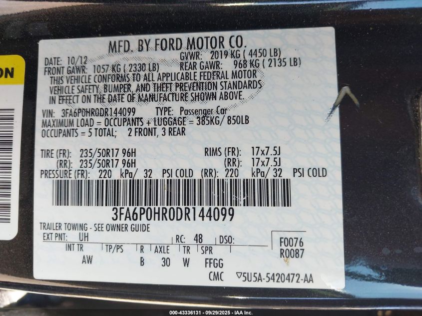 2013 Ford Fusion Se VIN: 3FA6P0HR0DR144099 Lot: 43336131