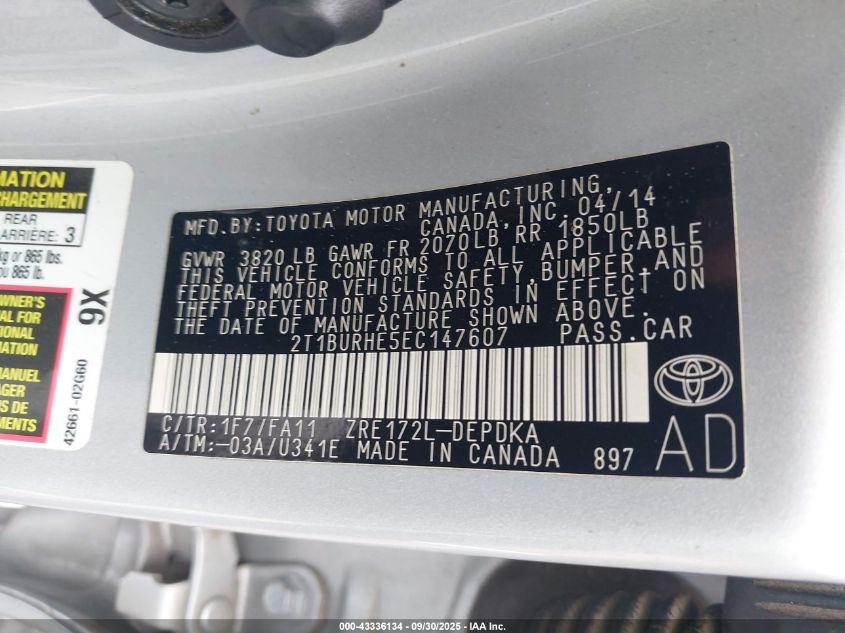 2014 Toyota Corolla L VIN: 2T1BURHE5EC147607 Lot: 43336134