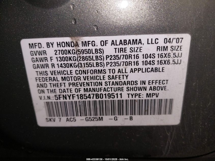 2007 Honda Pilot Ex-L VIN: 5FNYF18547B019511 Lot: 43336138