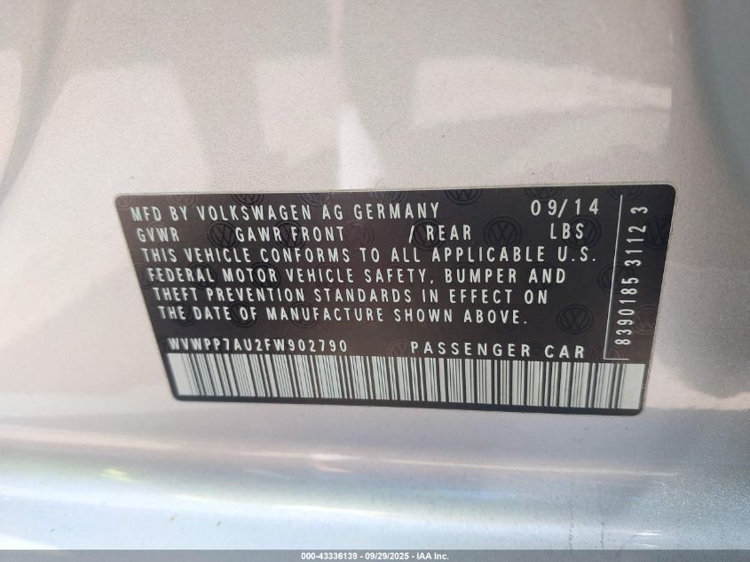 2015 Volkswagen E-Golf Sel Premium VIN: WVWPP7AU2FW902790 Lot: 43336139