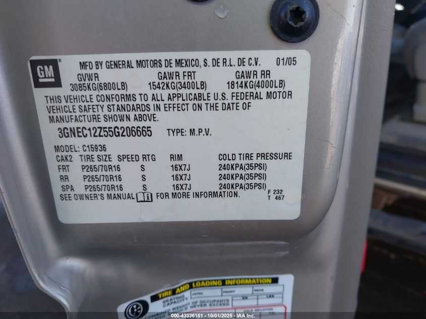 2005 Chevrolet Avalanche 1500 Ls VIN: 3GNEC12Z55G206665 Lot: 43336151