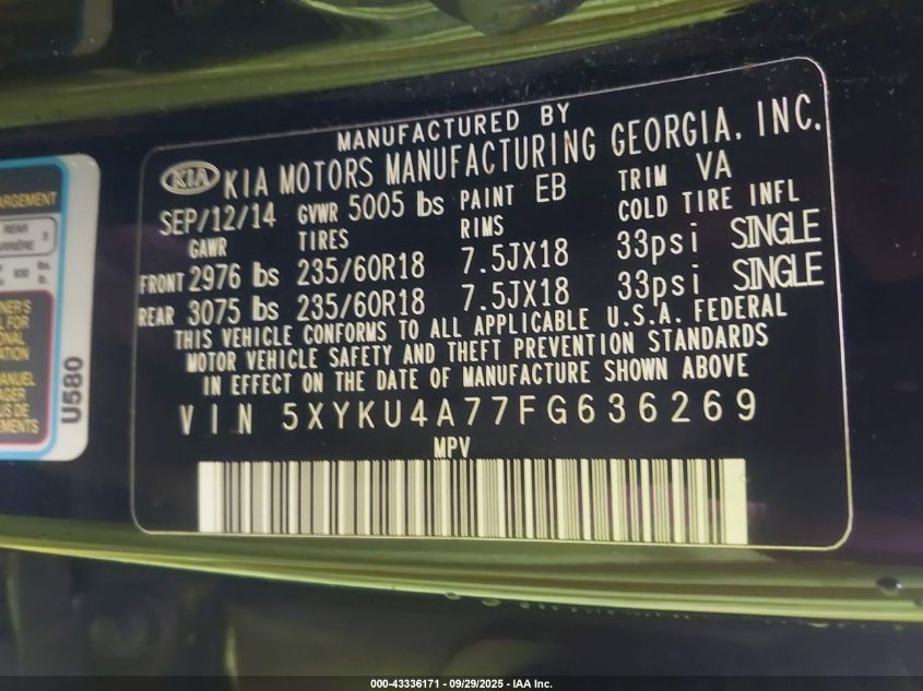 2015 Kia Sorento Ex V6 VIN: 5XYKU4A77FG636269 Lot: 43336171