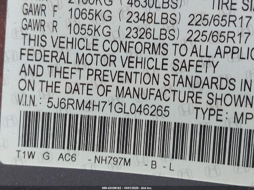 2016 HONDA CR-V EX-L - 5J6RM4H71GL046265