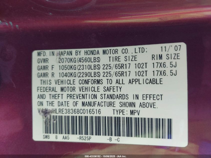 2008 Honda Cr-V Lx VIN: JHLRE38368C016516 Lot: 43336192