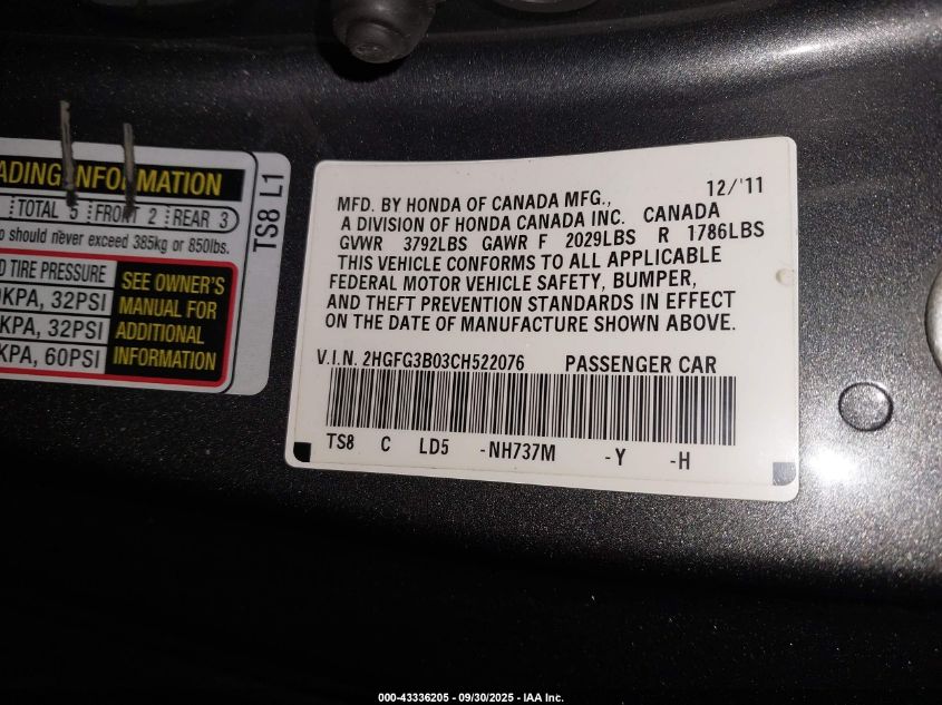 2012 Honda Civic Ex-L VIN: 2HGFG3B03CH522076 Lot: 43336205