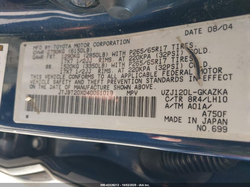 2004 Lexus Gx 470 VIN: JTJBT20X040061019 Lot: 43336212