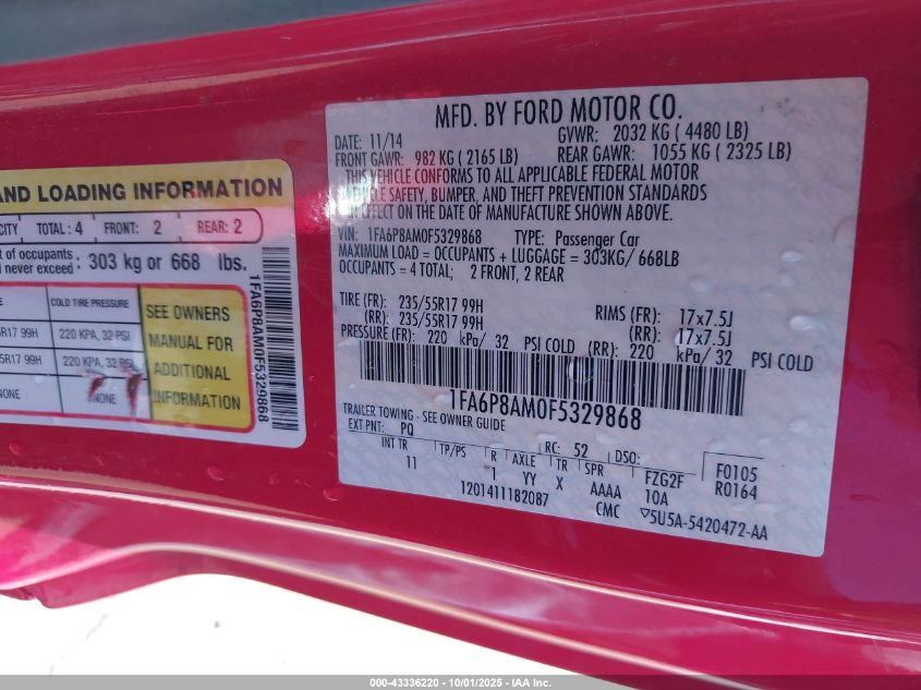 2015 Ford Mustang V6 VIN: 1FA6P8AM0F5329868 Lot: 43336220