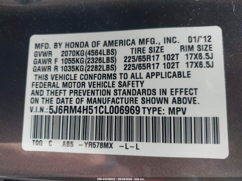 2012 Honda Cr-V Ex VIN: 5J6RM4H51CL006969 Lot: 43336222