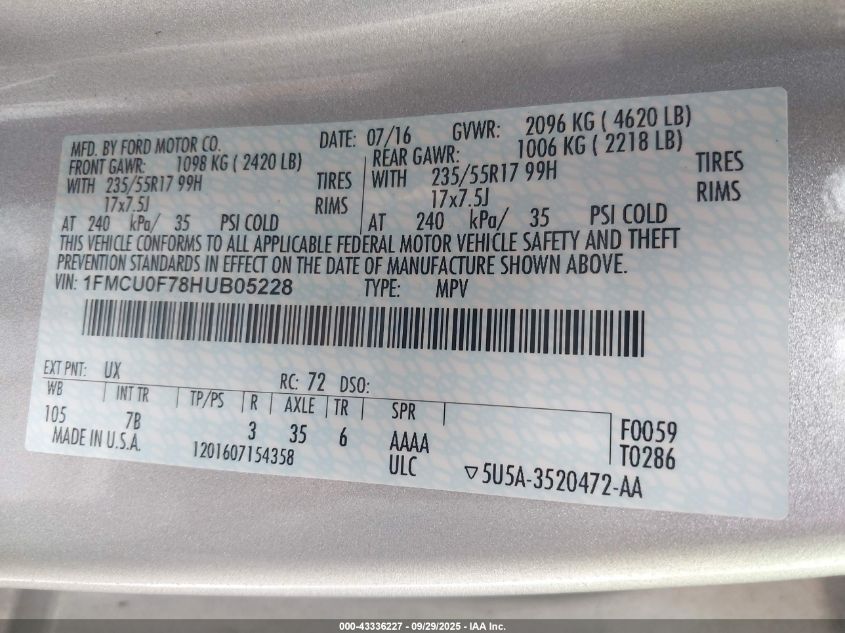 2017 Ford Escape S VIN: 1FMCU0F78HUB05228 Lot: 43336227