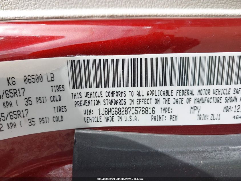 2007 Jeep Commander Overland VIN: 1J8HG68287C576816 Lot: 43336229