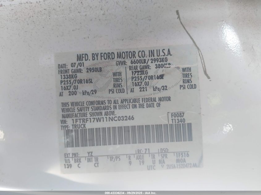 2001 Ford F-150 Xl/Xlt VIN: 1FTRF17W11NC03246 Lot: 43336234