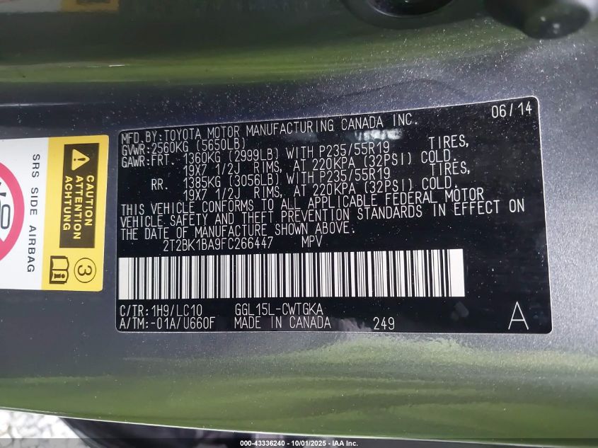 2015 Lexus Rx 350 VIN: 2T2BK1BA9FC266447 Lot: 43336240