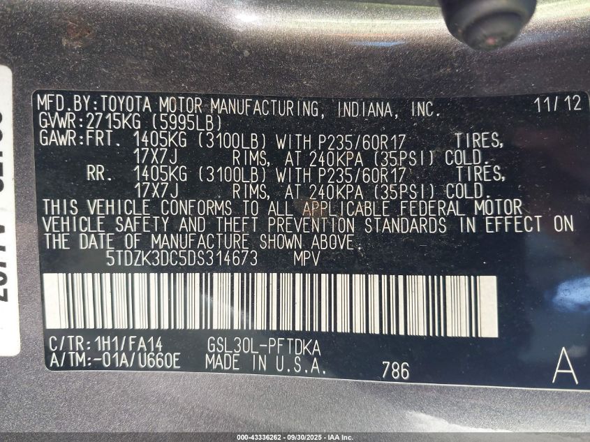 2013 Toyota Sienna L V6 7 Passenger VIN: 5TDZK3DC5DS314673 Lot: 43336262